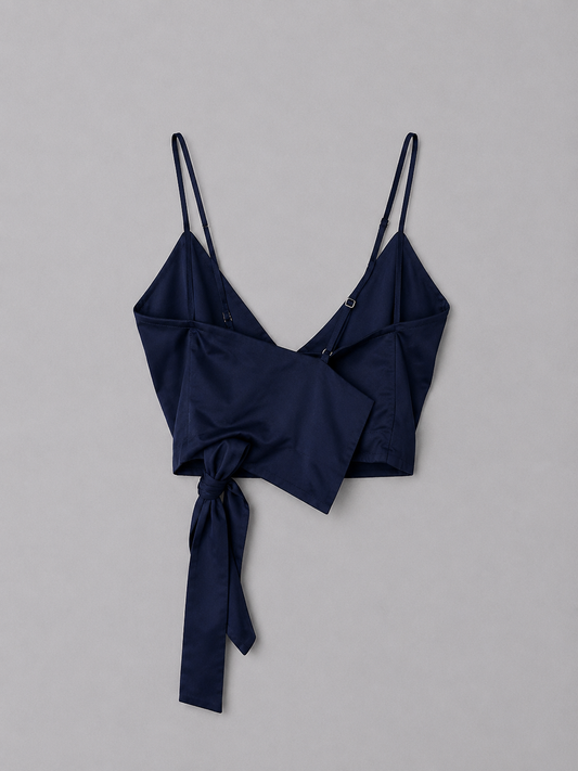 Navy Satin Wrap Top