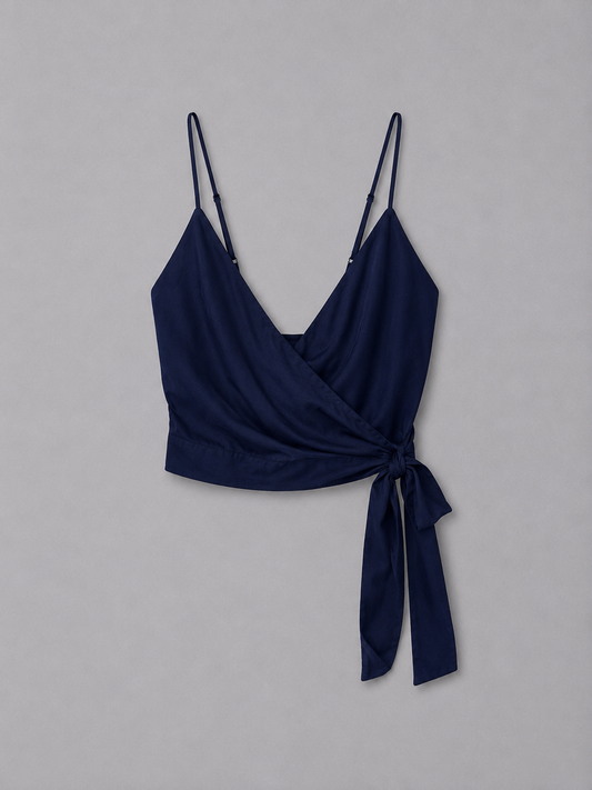 Navy Satin Wrap Top