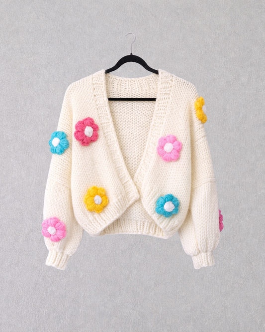 Crochet Hand-Knit Chunky Floral Cardigan (Oversized)