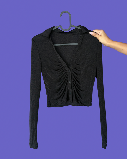Ruched Mesh Button-Up Black Top